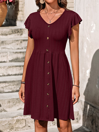 Flutter Sleeve Midi Dress with Front Buttons 2874 Wine red