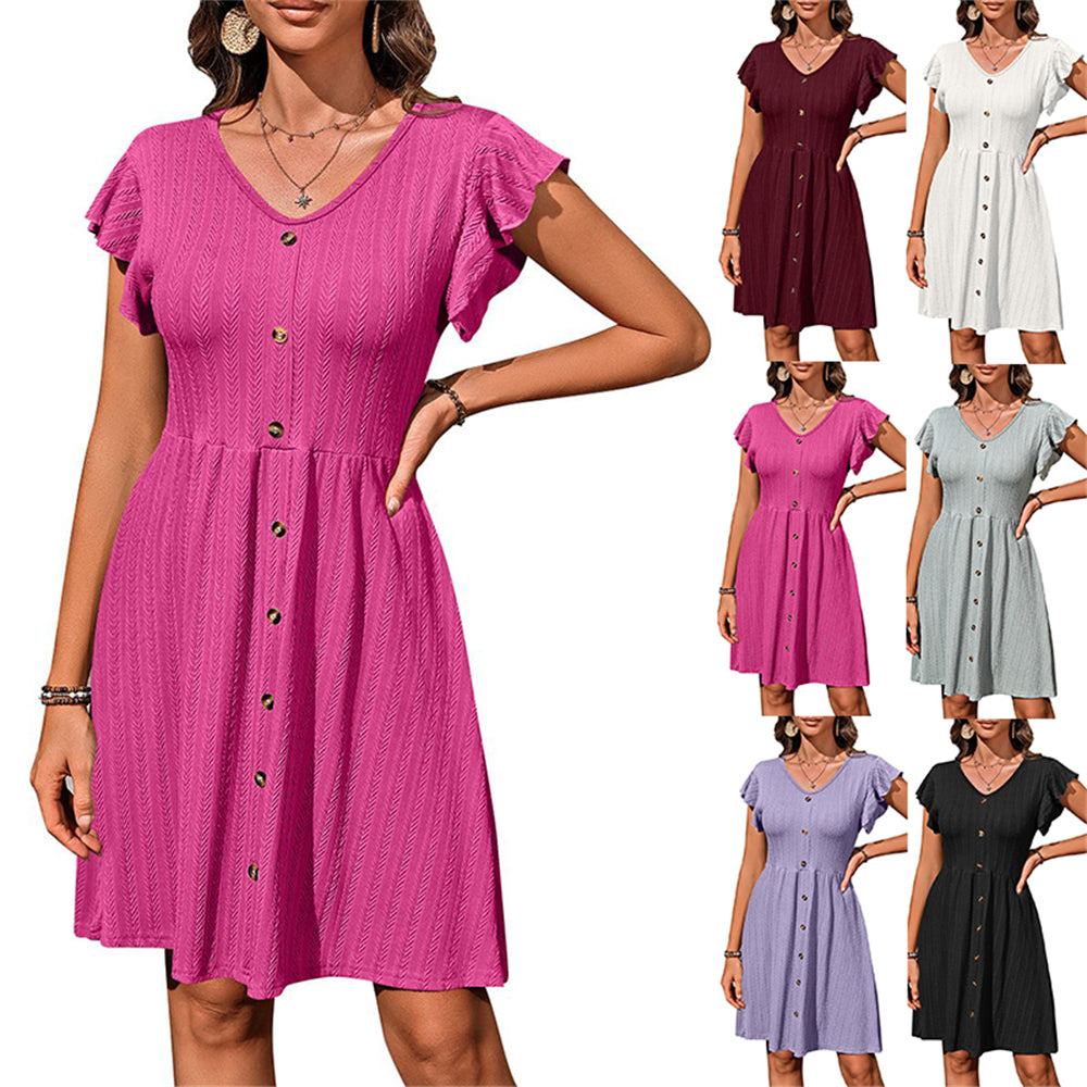 Flutter Sleeve Midi Dress with Front Buttons 2874 Mix Color