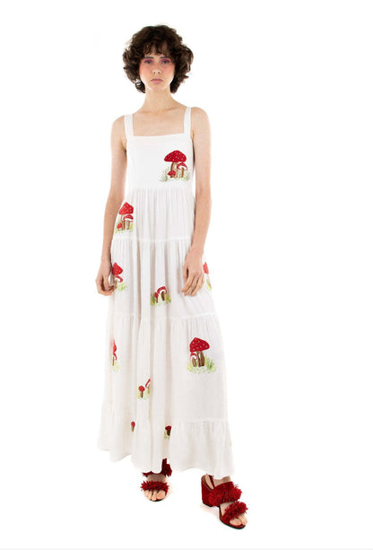 Fruit Animal Print Tiered Embroidered Maxi Dress 3057 White(Mushroom pattern)