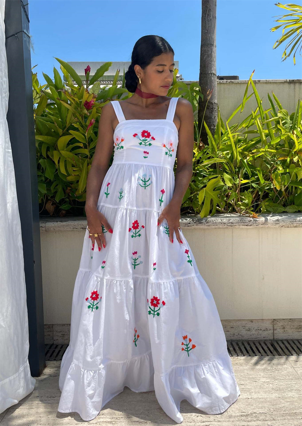 Fruit Animal Print Tiered Embroidered Maxi Dress 3057 White floral