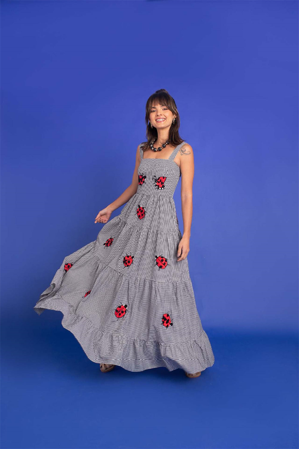 Fruit Animal Print Tiered Embroidered Maxi Dress 3057 Black plaid(ladybird)