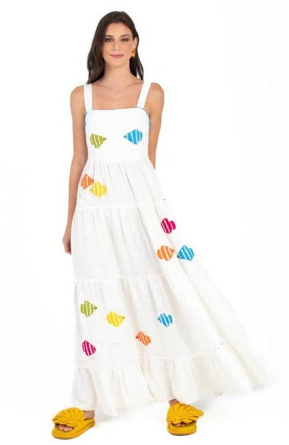 Fruit Animal Print Tiered Embroidered Maxi Dress 3057 White(Colorful fish)