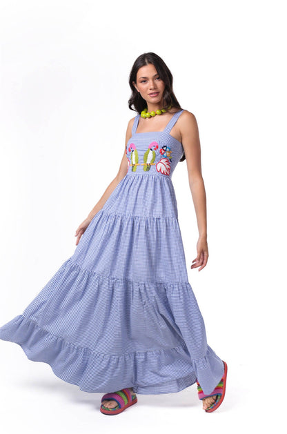 Fruit Animal Print Tiered Embroidered Maxi Dress 3057 Blue plaid(parrot)