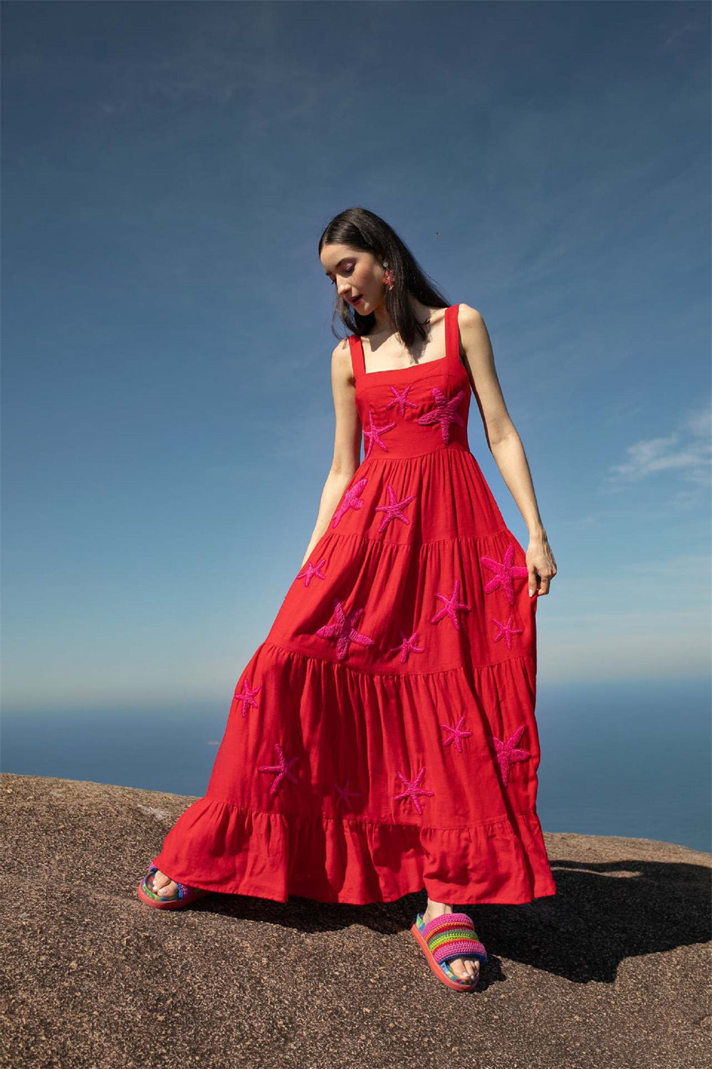 Fruit Animal Print Tiered Embroidered Maxi Dress 3057 Red (Pink starfish)