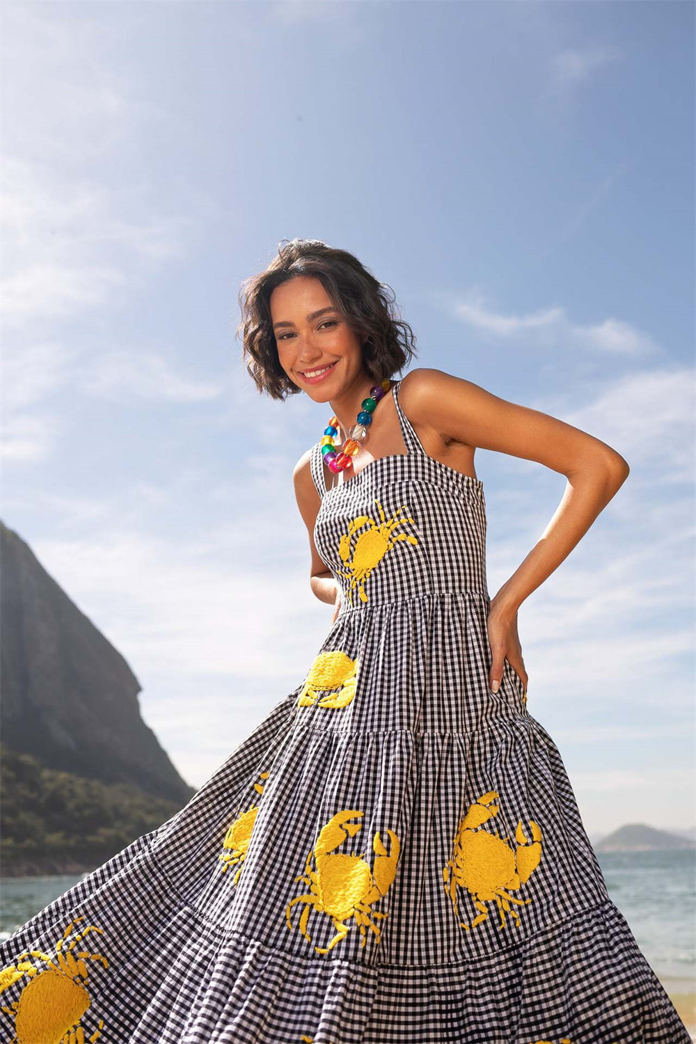 Fruit Animal Print Tiered Embroidered Maxi Dress 3057 Black plaid(Yellow Crab)