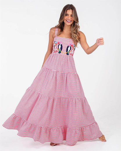 Fruit Animal Print Tiered Embroidered Maxi Dress 3057 Pink Stripe(parrot)