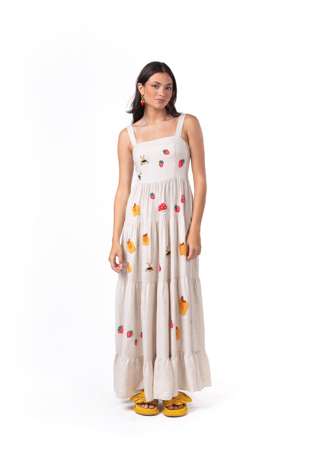 Fruit Animal Print Tiered Embroidered Maxi Dress 3057 White(Strawberry Bee)