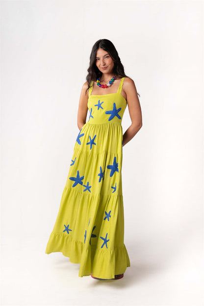 Fruit Animal Print Tiered Embroidered Maxi Dress 3057 Yellow (Blue starfish)