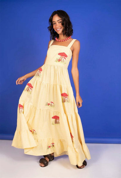 Fruit Animal Print Tiered Embroidered Maxi Dress 3057 Yellow(Mushroom pattern)