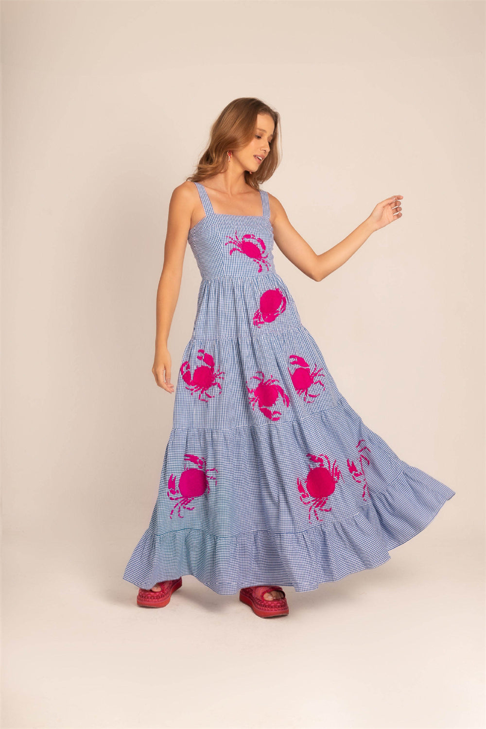 Fruit Animal Print Tiered Embroidered Maxi Dress 3057 Blue plaid(Pink Crab)