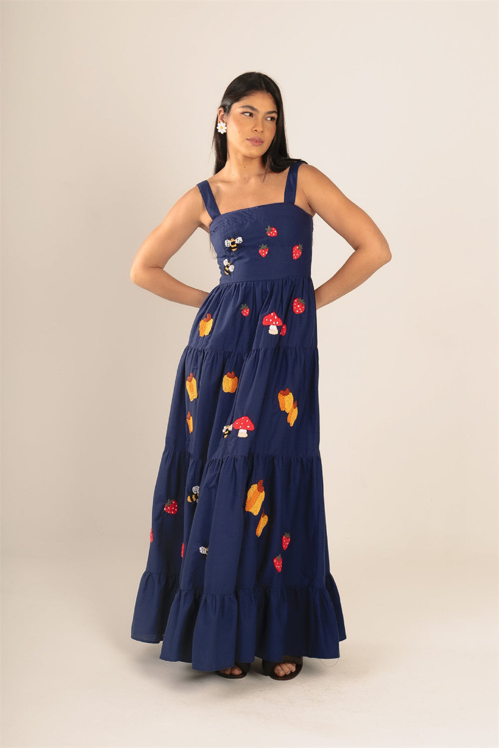 Fruit Animal Print Tiered Embroidered Maxi Dress 3057 Dark Blue (Strawberry Bee)