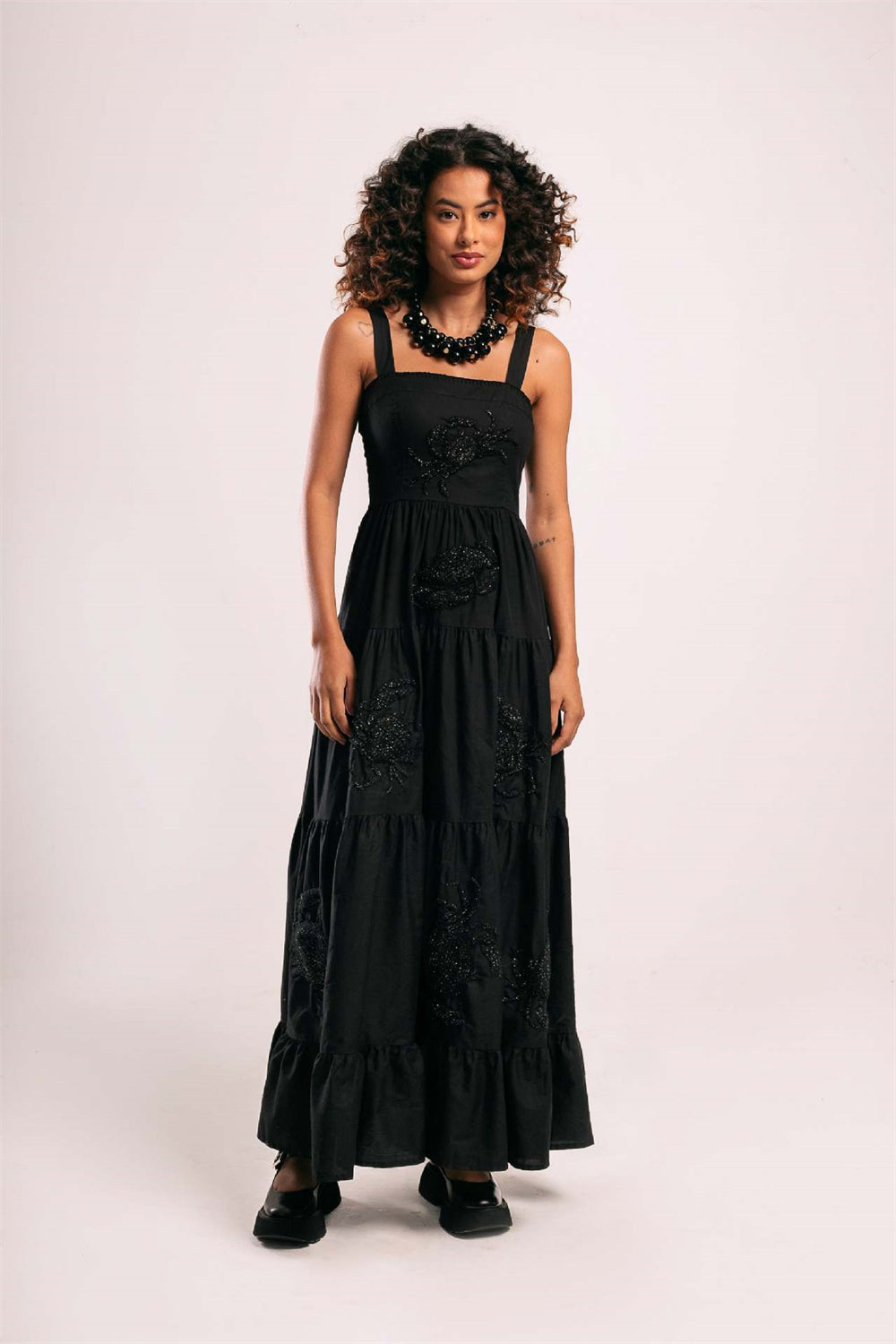 Fruit Animal Print Tiered Embroidered Maxi Dress 3057 Black(crab)