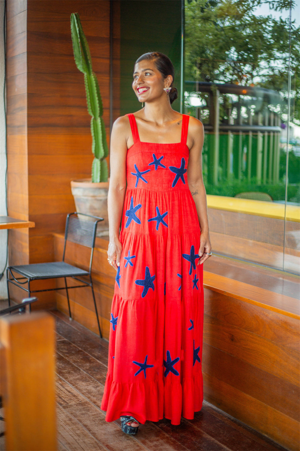 Fruit Animal Print Tiered Embroidered Maxi Dress 3057 Red (Blue starfish)