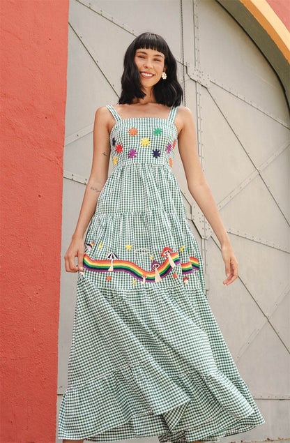 Fruit Animal Print Tiered Embroidered Maxi Dress 3057 Green plaid(rainbow)