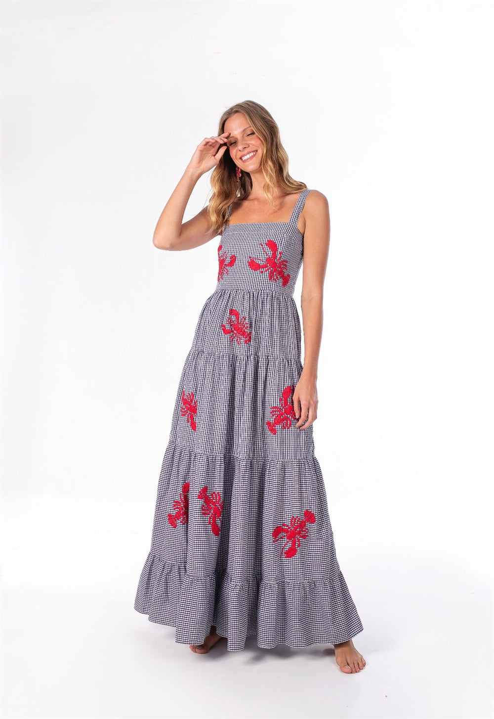 Fruit Animal Print Tiered Embroidered Maxi Dress 3057 Bright blue plaid(Red Lobster)