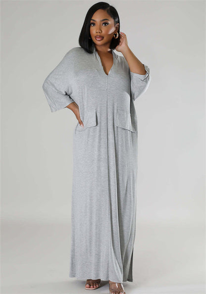 Full-Length Maxi Dress with Side Fake Pockets 2895 Grey