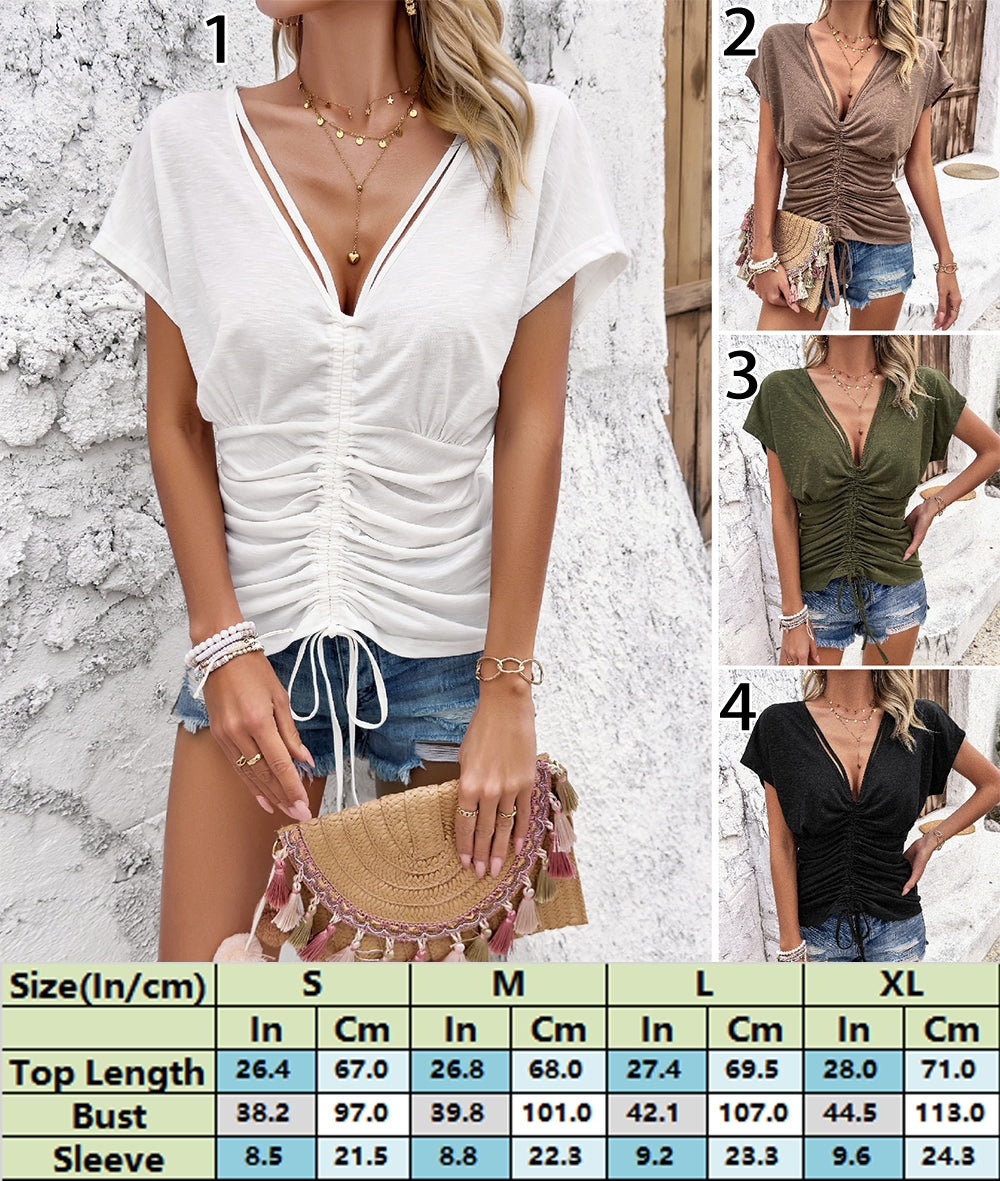 Gathered V-Neck Blouse with Adjustable Strings 2958