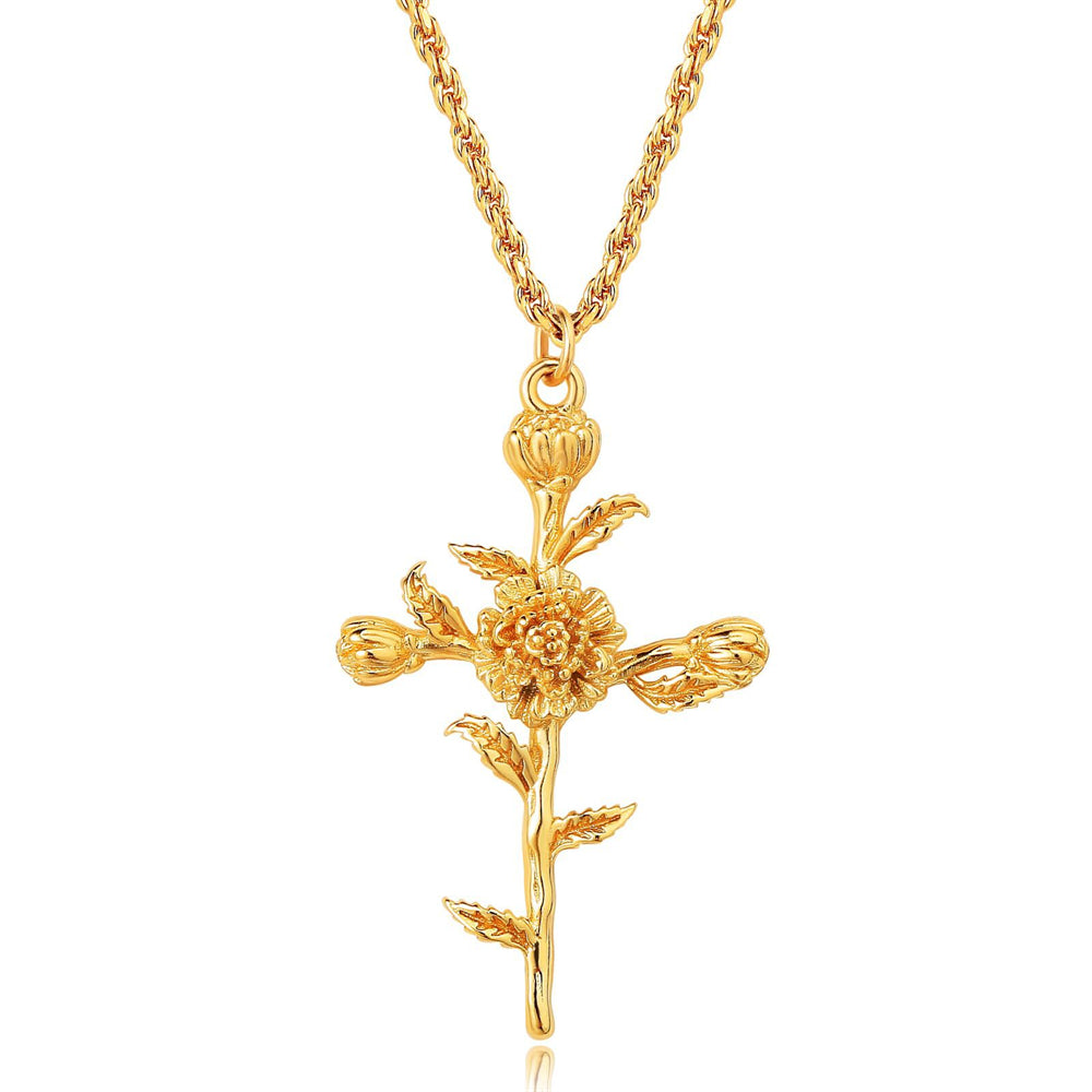 Golden Bloom Cross Pendant Necklace 2965 #10 Golden