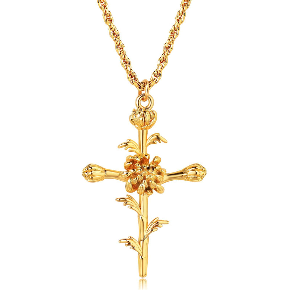 Golden Bloom Cross Pendant Necklace 2965 #11 Golden