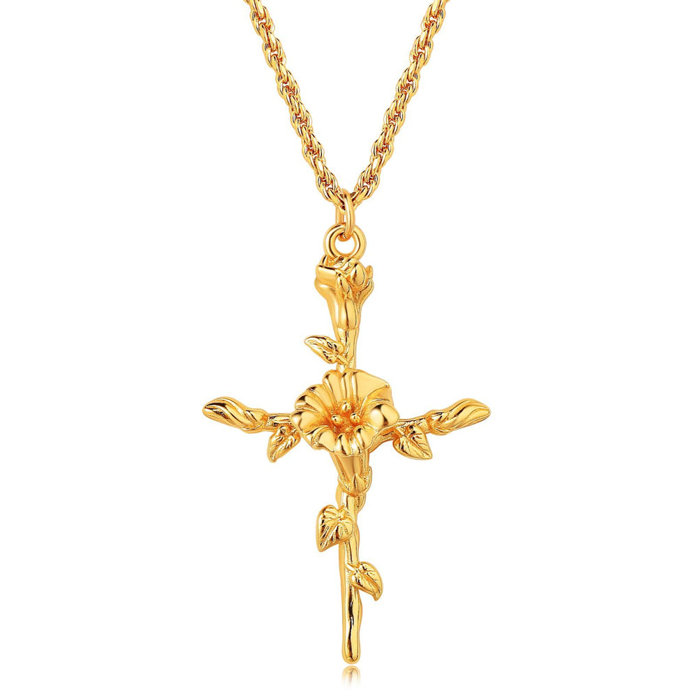 Golden Bloom Cross Pendant Necklace 2965 #9 Golden