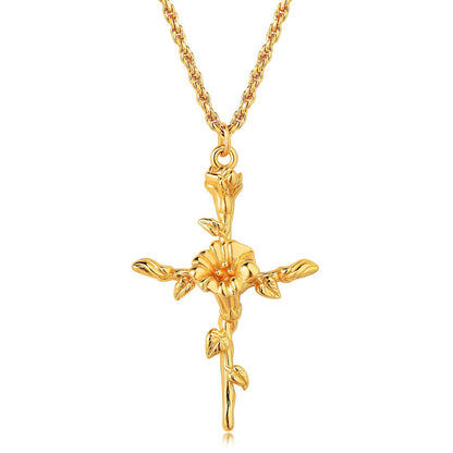 Golden Bloom Cross Pendant Necklace 2965 #9 Golden