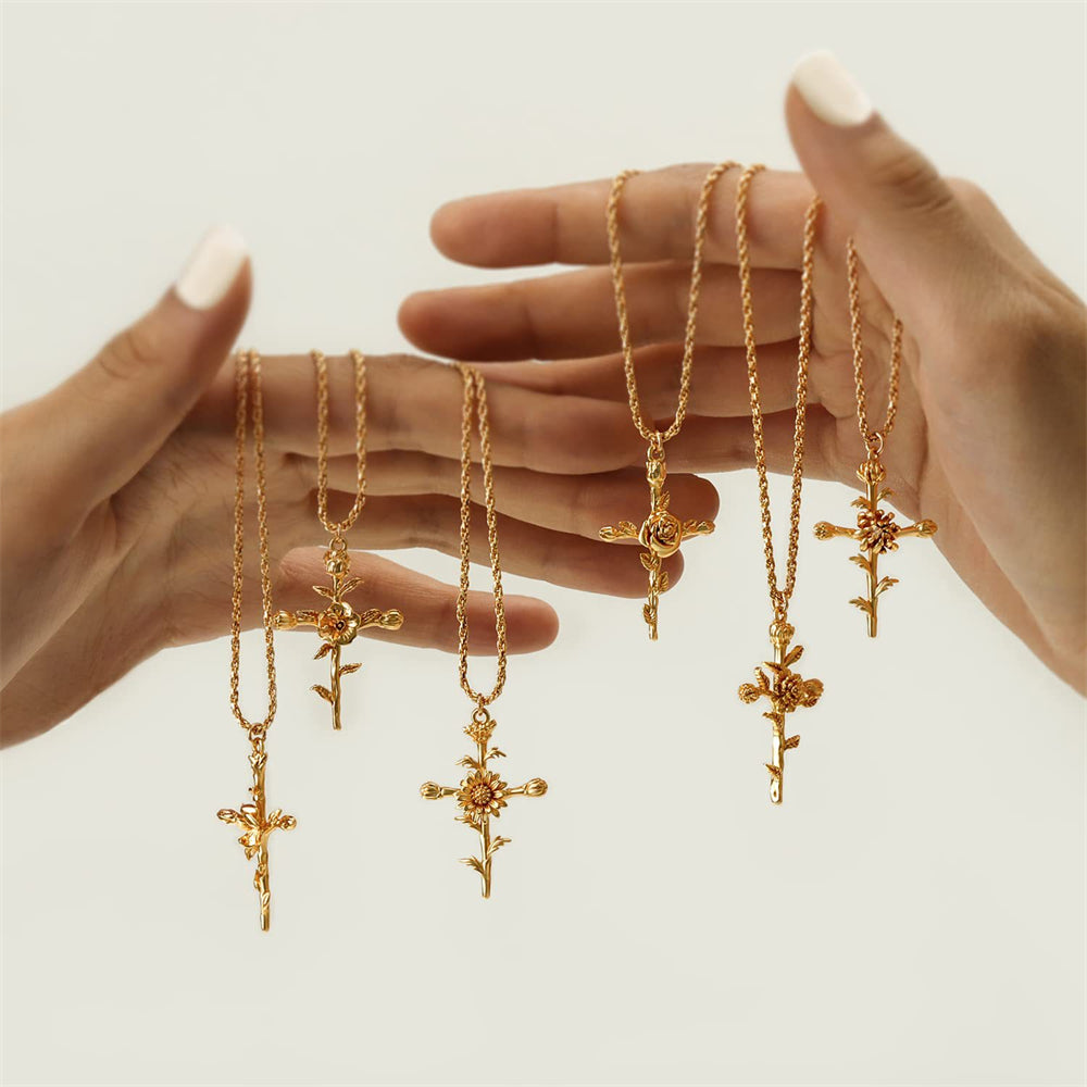 Golden Bloom Cross Pendant Necklace 2965