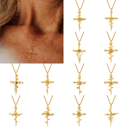 Golden Bloom Cross Pendant Necklace 2965 Mix style Golden