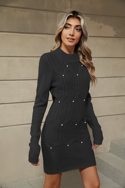 Pearl-embellished cable knit sweater pullover dress 3117