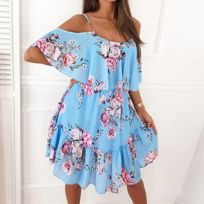 Knee Length Dresses Off-Shoulder Summer Dress 3047 Blue