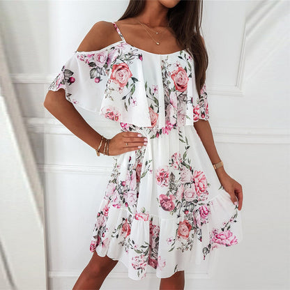 Knee Length Dresses Off-Shoulder Summer Dress 3047 White Printing