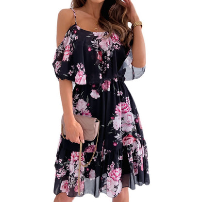 Knee Length Dresses Off-Shoulder Summer Dress 3047 Black Printing