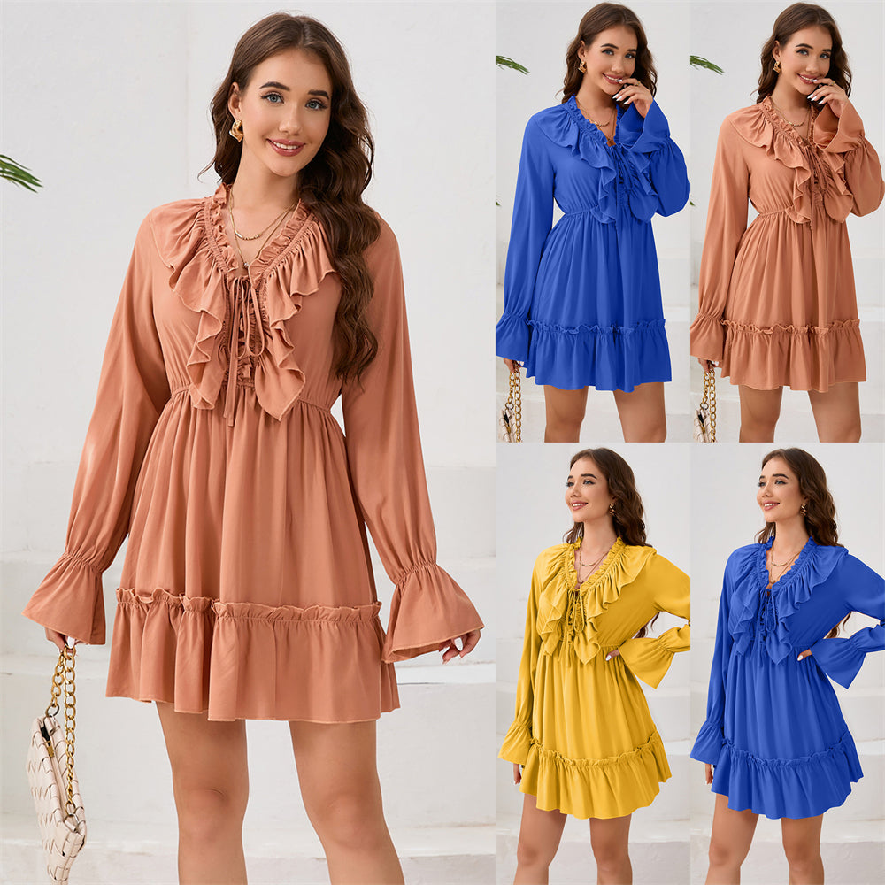 Gathered waist flounce hem ruffle neckline mini dress 3121