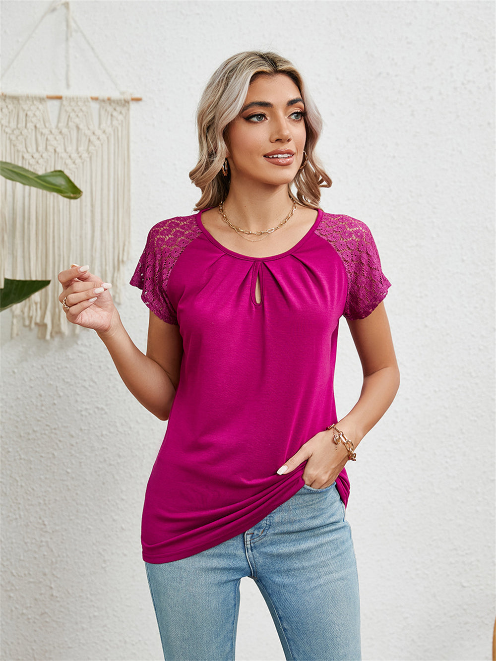 Lace-Adorned Keyhole Neckline Blouse Top 2894 Rose red