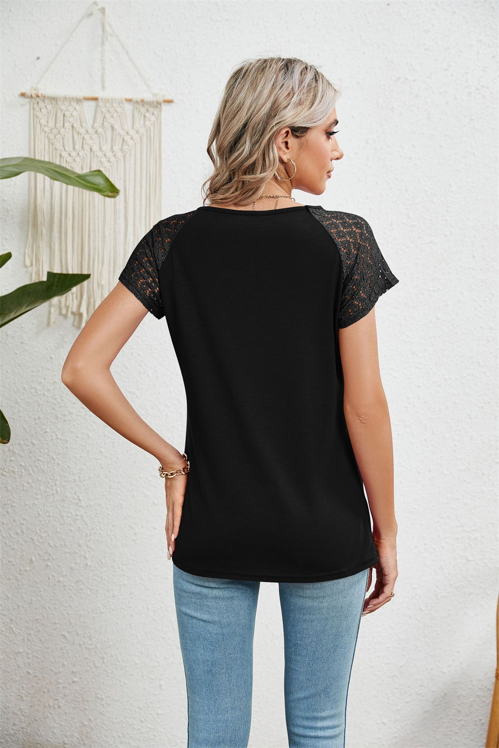 Lace-Adorned Keyhole Neckline Blouse Top 2894