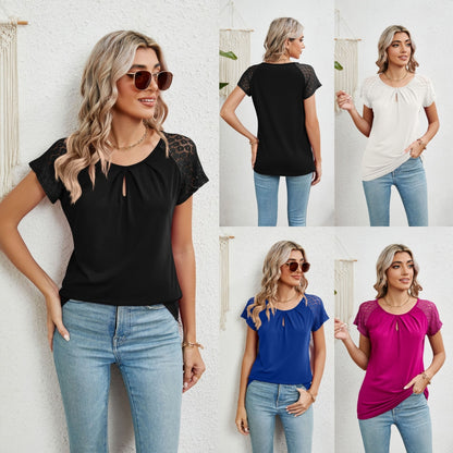 Lace-Adorned Keyhole Neckline Blouse Top 2894 Mix Color