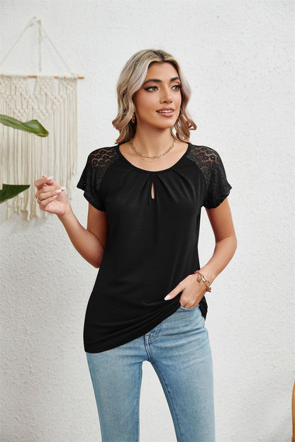 Lace-Adorned Keyhole Neckline Blouse Top 2894 Black