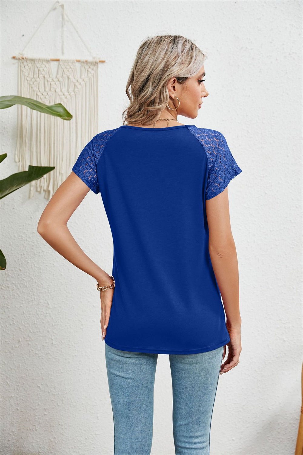 Lace-Adorned Keyhole Neckline Blouse Top 2894