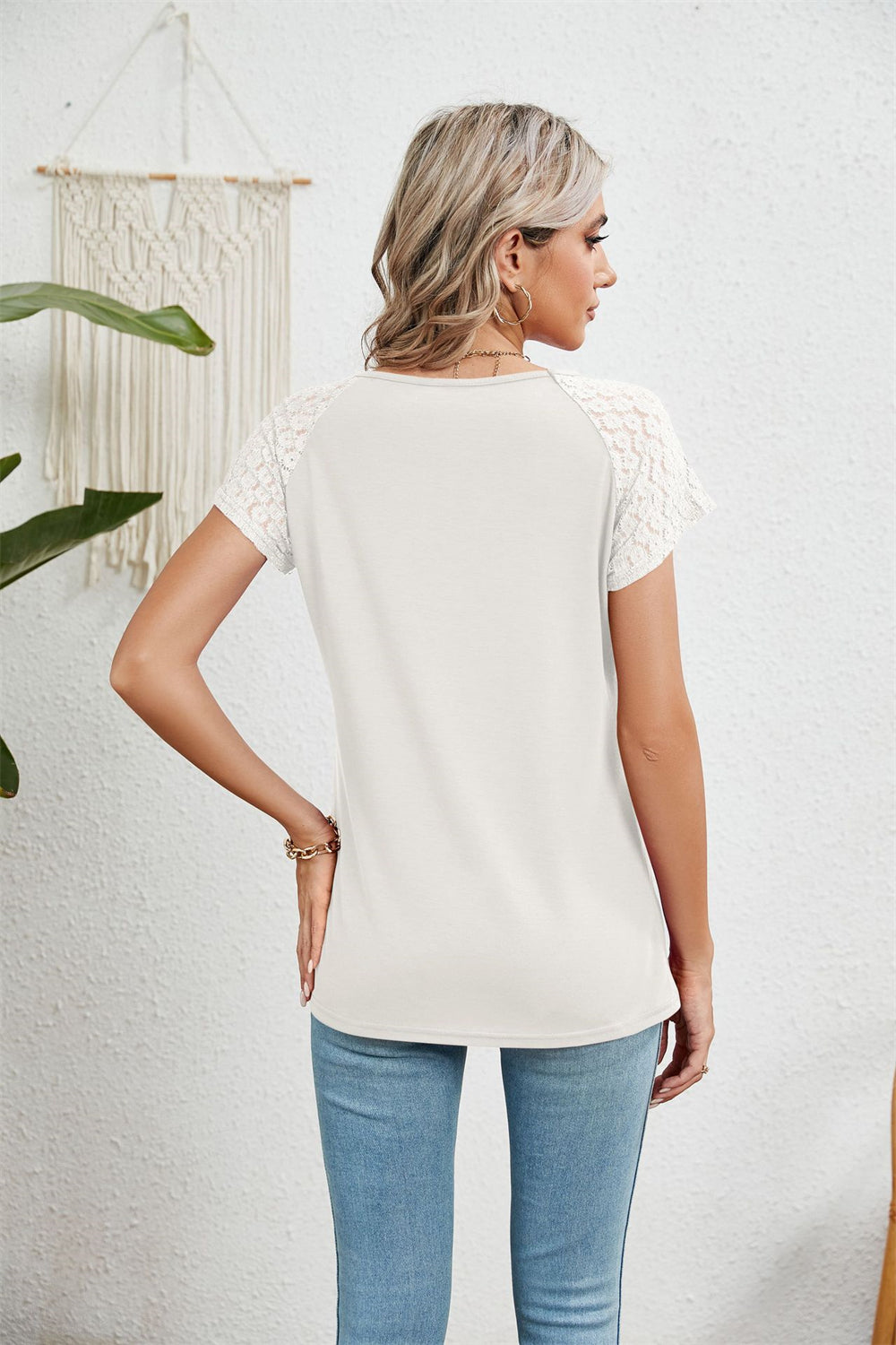 Lace-Adorned Keyhole Neckline Blouse Top 2894