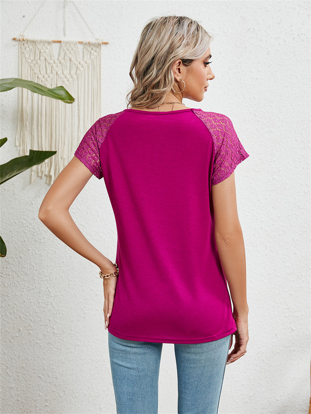 Lace-Adorned Keyhole Neckline Blouse Top 2894