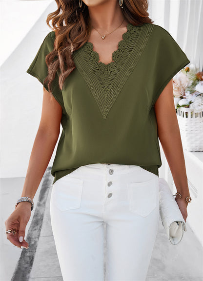 Lace Detail V-Neck Blouse 2880 Military Green