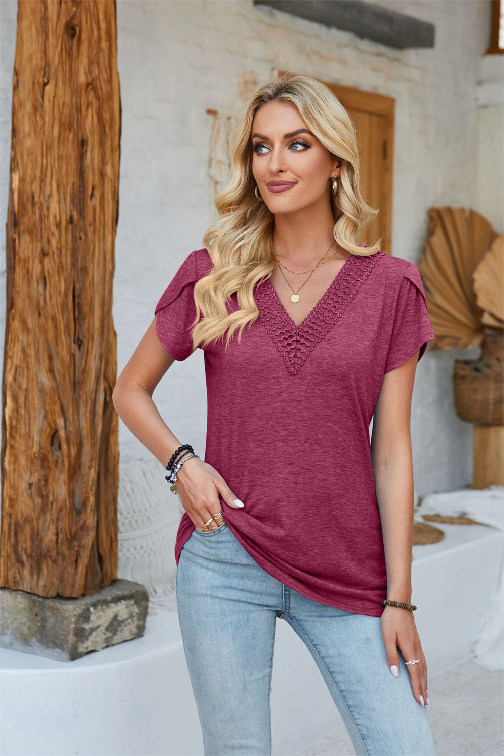 Lace Detailed V-Neck Comfortable Top 2748 Purplish red