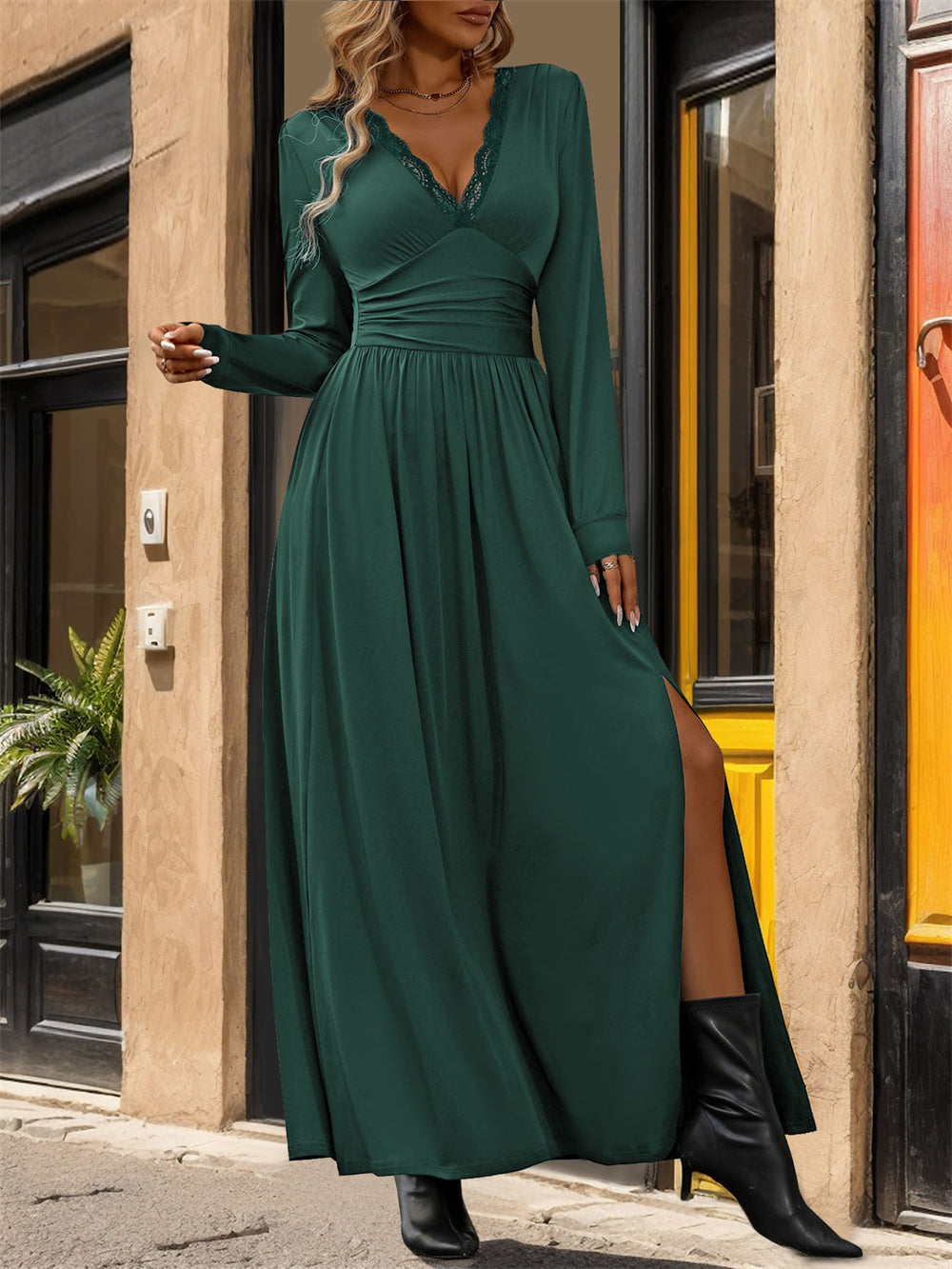 Lace Details V-Neck Leg Slit Maxi Dress 3058 Dark green