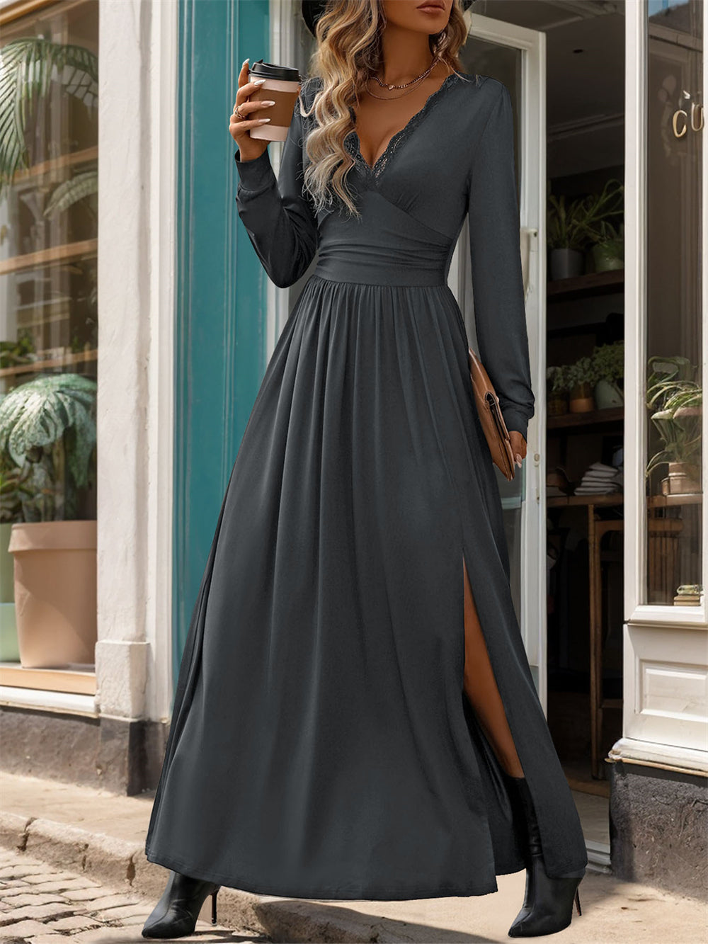 Lace Details V-Neck Leg Slit Maxi Dress 3058 Dark grey