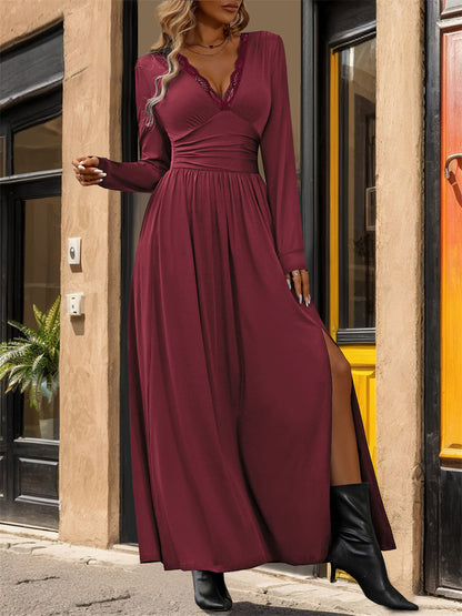 Lace Details V-Neck Leg Slit Maxi Dress 3058 Burgundy red