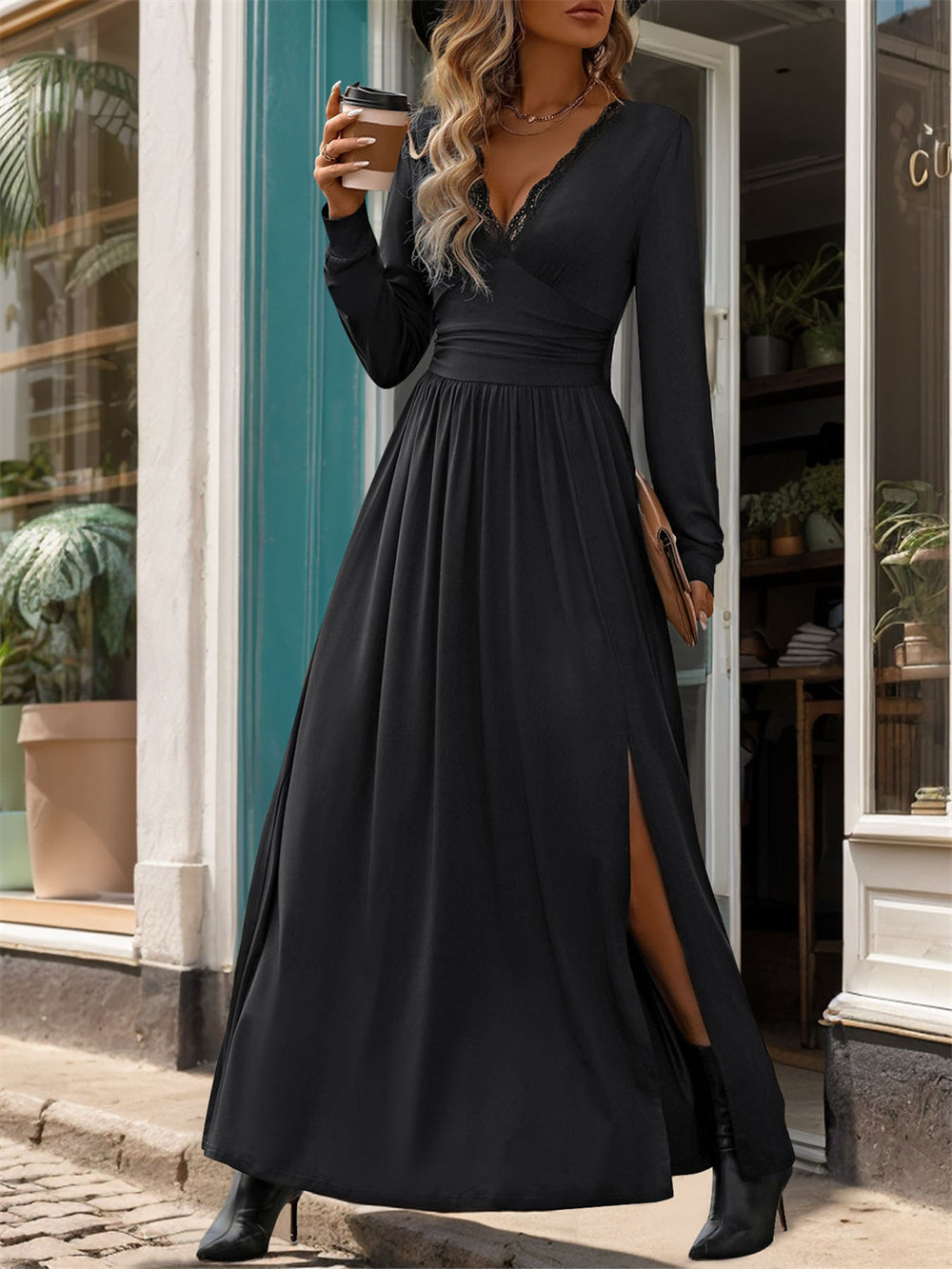 Lace Details V-Neck Leg Slit Maxi Dress 3058 Black