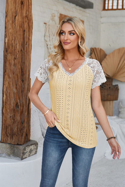 Lace Sleeve Chic Hollow Out Blouse Eyelet Detail Top 2774 Yellow