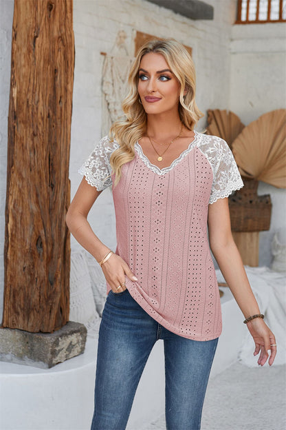 Lace Sleeve Chic Hollow Out Blouse Eyelet Detail Top 2774 Dark Pink