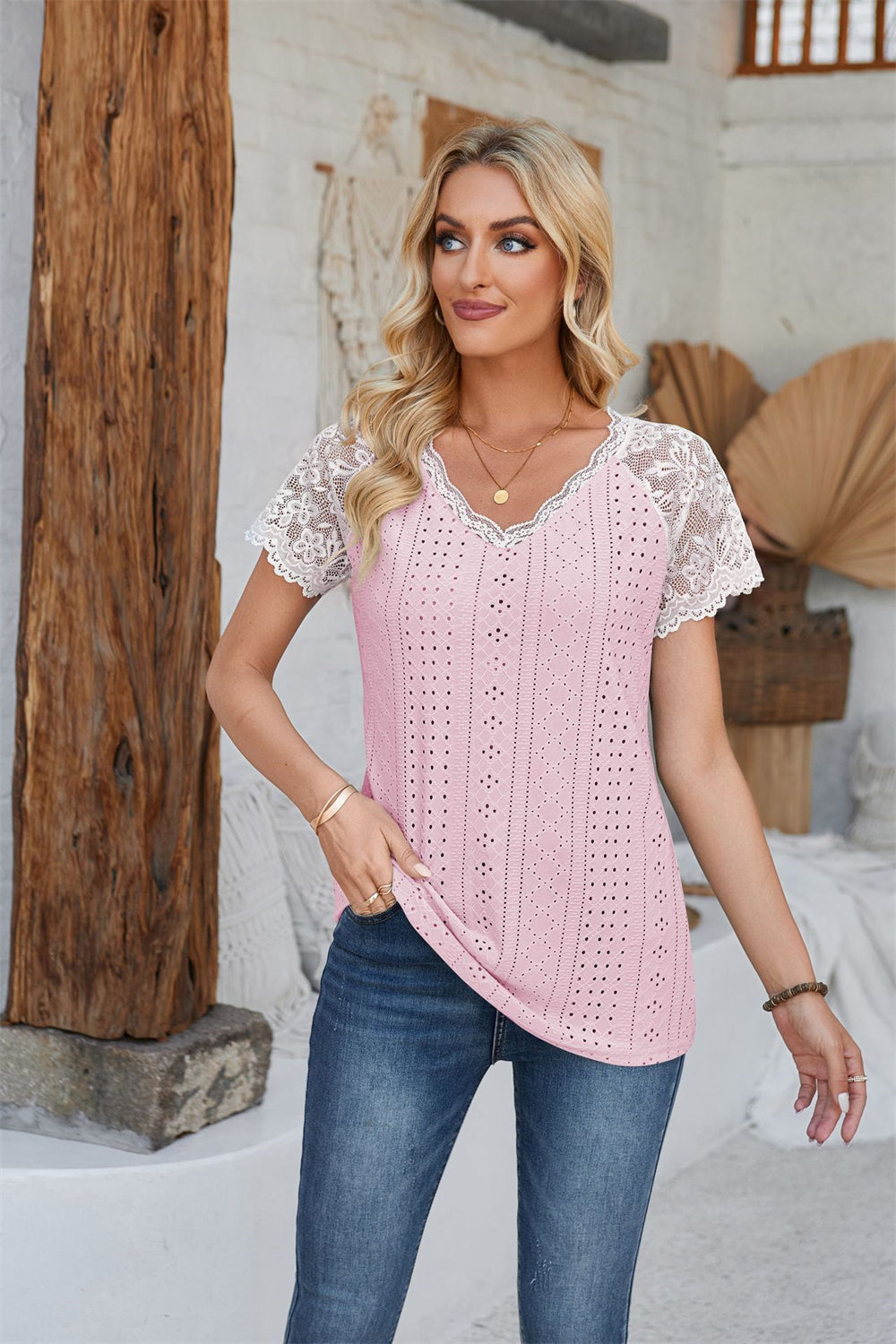 Lace Sleeve Chic Hollow Out Blouse Eyelet Detail Top 2774 Pink