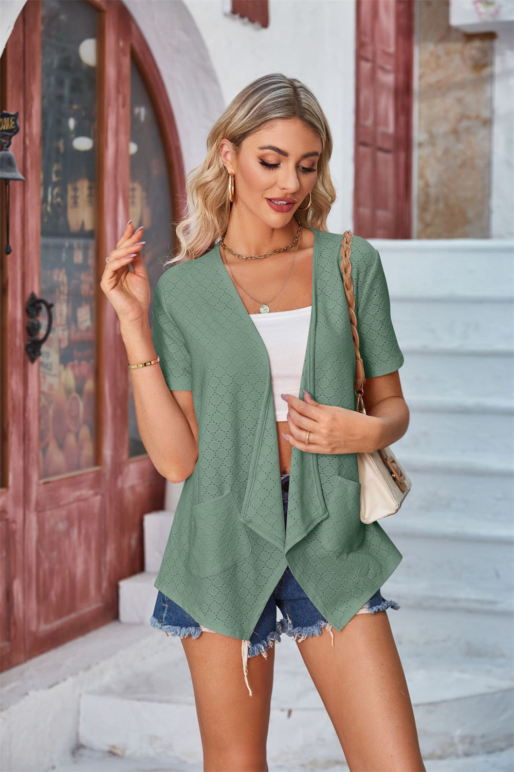 Lightweight Outerwear Open Front Knit Cardigan 2739 green