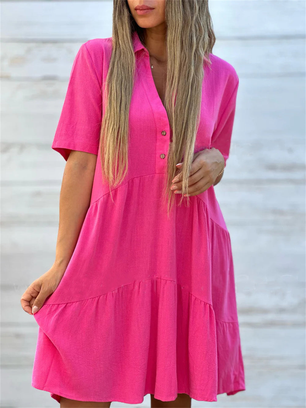 Lightweight Short Sleeve Tiered Midi Dress 3059 Pink